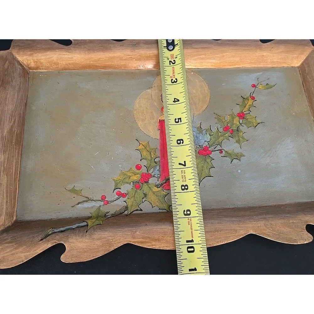 Vintage Gold Metal Handpainted Christmas Tray Lit‎ Candles And Berries 1960
